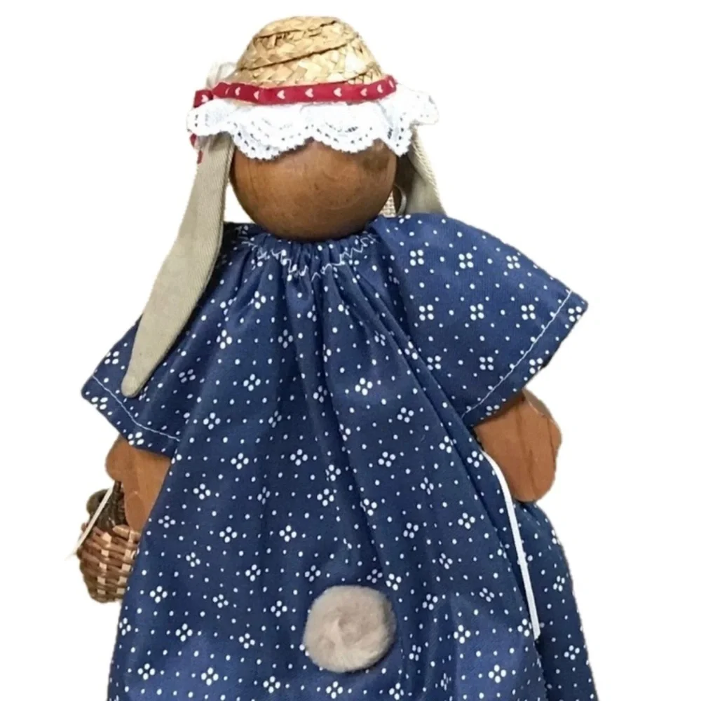 Country Bunny Wood Figure Decoration Lady Rabbit Farmhouse Rustic Cottage Charm